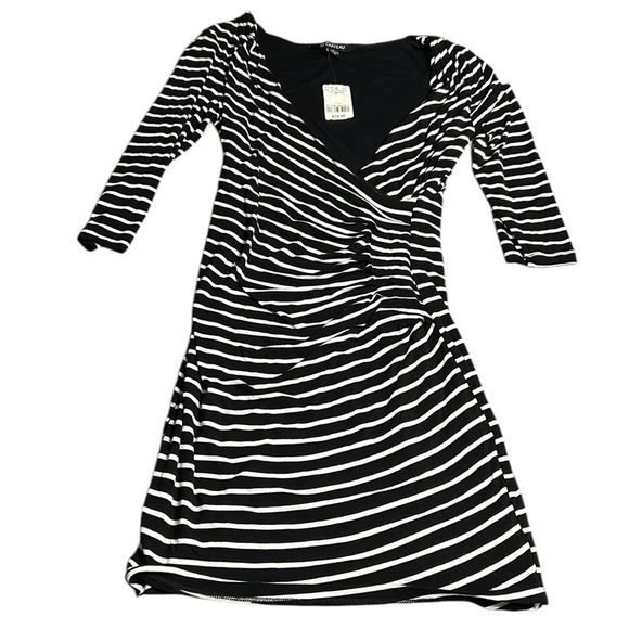 Le Château,faux wrap B&W dress S, NEW! surplice striped,pleats,ruching,stretchy - Picture 3 of 13
